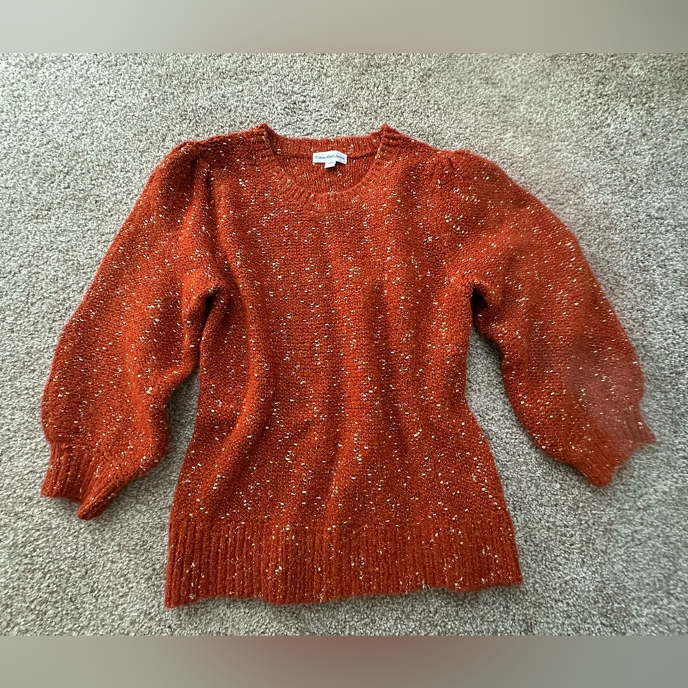 Calvin Klein Jeans Knit Top Small Orange Gold 3/4 Ruched Sleeve Fall Winter